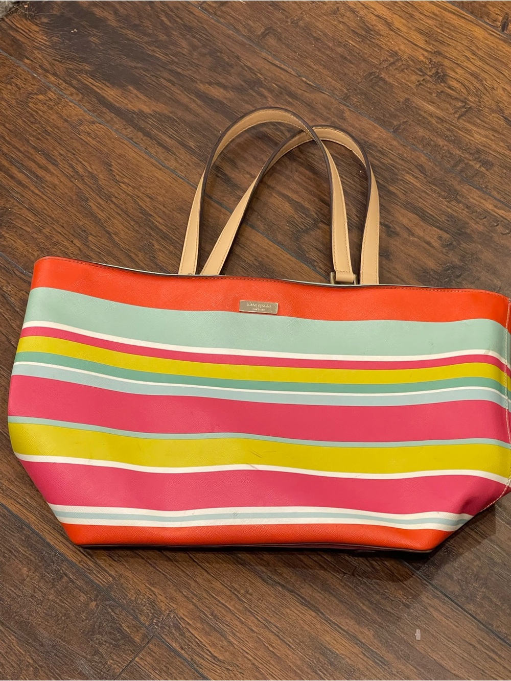 kate spade Coral, Pink & Mint Striped Tote with Tan Handles